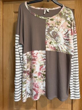Cato Taupe & Pink Patchwork Ribbed Long Sleeve Top